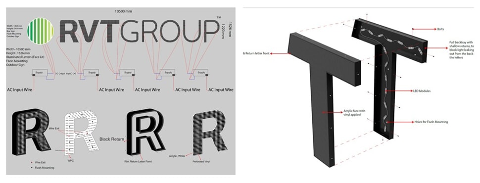 A collage of the letter planning it took to create the RVT Group exterior signage.